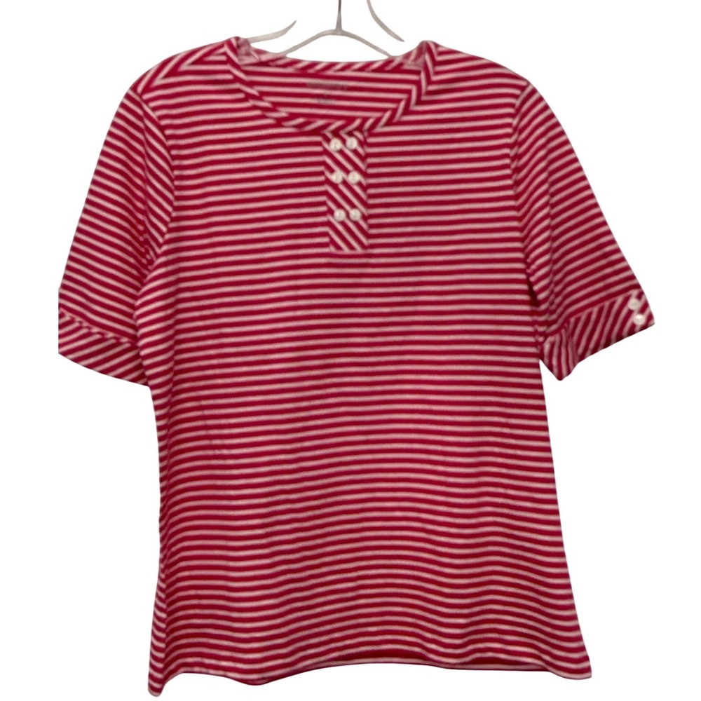 Appleseed's Womens Red White Striped Cotton Henley Short Sleeve Top Size S